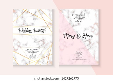 Premium Marble Rose Gold Wedding Invitation. Birthday, Music Party, Cosmetics Vector Layout. Abstract Foil Report. Polygon Border Set. Marble Rose Gold Texture Wedding Invitation Card Poster