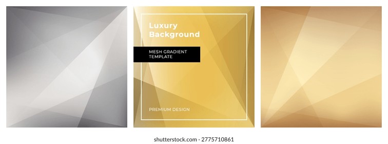 Premium matte metallic gradient backgrounds with faceted geometric layers and smooth light transitions. Elegant abstract set in gold, bronze and neutral tones with refined depth and subtle reflections