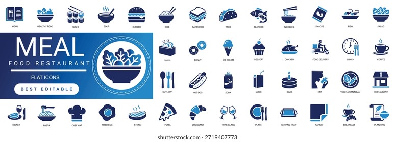 Conjunto de íconos de comida y comida sólida de Premium con restaurantes, planificación de menús, desayuno, almuerzo y cena. Elementos de Vector editables de alta calidad para App de entrega de alimentos, cafeterías y servicios de catering.