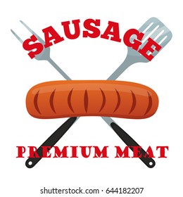Premium meat label. Pork, ham, barbecue fork, spatula. Made in cartoon flat style.