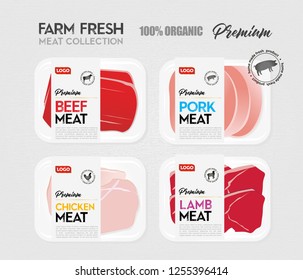 Premium Meat Package Design Collection. Beef, Pork, Chicken, Lamb. Vector Design, Labels and Trays. White, Fresh and Elegant. Isolated.