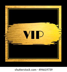 Premium members card. Text VIP. Golden paint stroke with golden border frame on black background. Art deco style. Hand made abstract gold glitter texture. Vector EPS10 illustration.