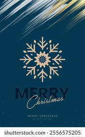 Premium Merry Christmas post card, Gold snow flake element, gold and white brush with snow flakes on dark blue background, vector illustration