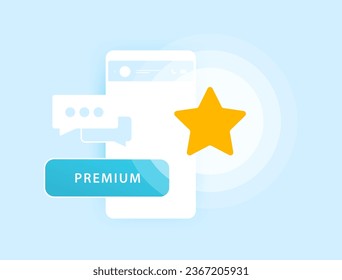 Premium Messenger Account concept. Verified Mobile Messenger Profile with Star Icon, Achievements and Top Ratings. Paid messenger account vector illustration isolated on blue background with icons