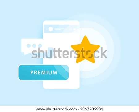 Premium Messenger Account concept. Verified Mobile Messenger Profile with Star Icon, Achievements and Top Ratings. Paid messenger account vector illustration isolated on blue background with icons