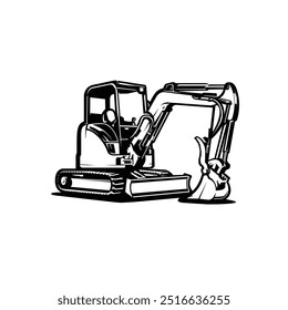 Premium Mini Compact Excavator Monochrome Silhouette Vector Isolated. Best for Construction Related Industries