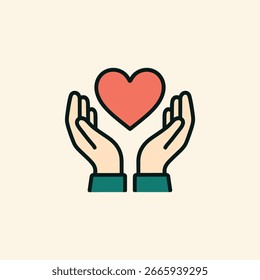 A premium minimal 2D vector of two hands holding a heart. Bold strokes on white background for wellness and healthcare themes