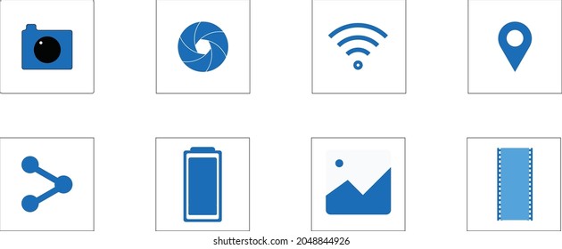Premium Minimal Set von Fotografien, Vektorsymbole. Einfache Fotografie-Vektorgrafik-Paket. Blue Color Minimalist Vektorgrafik auf weißem Hintergrund. Moderne, einfache Symbole für Web und Anwendungen.