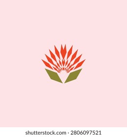 Premium minimalist flat logo featuring a red geometric protea flower bud with green leaves. Ideal for boutique branding, South African themes, and wellness cartoon illustration design assets.