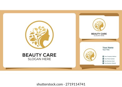 Premium minimalist logo design featuring a beautiful woman's profile adorned with elegant golden leaves within a circular frame. This sophisticated gold emblem is perfect for luxury beauty salons, organic skincare brands, high-end wellness spas, and feminine botanical branding. Includes a professional business card Template for a complete corporate identity presentation