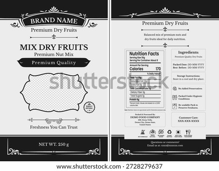 Premium mixed dry fruits packaging design with nutrition facts for healthy snacks.