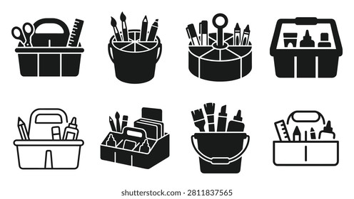 Premium modern art caddy icon variations set featuring eight unique horizontal templates in a clean linear style. This professional bundle showcases geometric outline caddies graphics, ideal for creative corporate branding projects, digital marketing campaigns, UI designs, and professional website templates. Isolated on white background template.