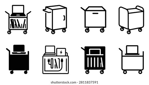 Premium modern chromebook cart icon variations set featuring eight unique horizontal templates in a clean linear style. This professional bundle showcases geometric outline charging carts graphics, ideal for creative corporate branding projects, digital marketing campaigns, UI designs, and professional website templates. Clean vector design assets