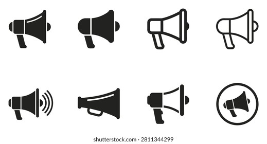 Premium modern megaphone icon variations set featuring eight unique horizontal templates in a clean linear style. This professional bundle showcases geometric outline megaphones graphics, ideal for creative corporate branding projects, digital marketing campaigns, UI designs, and professional website templates. Isolated on white background vector.
