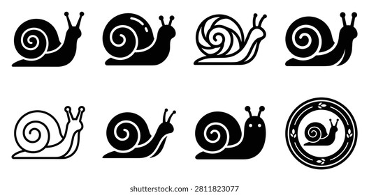 Premium modern snail icon variations set featuring eight unique horizontal templates in a clean linear style. This professional bundle showcases geometric outline snails graphics, ideal for creative corporate branding projects, digital marketing campaigns, UI designs, and professional website templates. Isolated on clean white background layout.