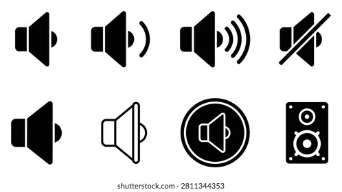 Premium modern speaker icon variations set featuring eight unique horizontal templates in a clean linear style. This professional bundle showcases geometric outline loudspeakers graphics, ideal for creative corporate branding projects, digital marketing campaigns, UI designs, and professional website templates. Isolated on white background vector.