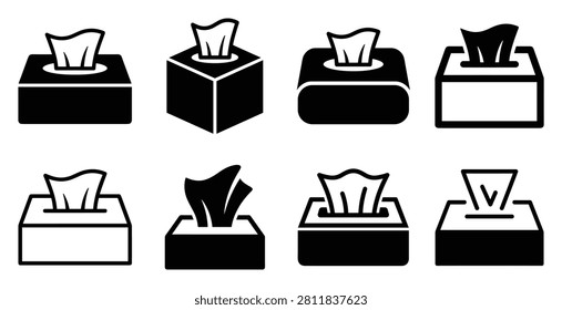 Premium modern tissue box icon variations set featuring eight unique horizontal templates in a clean linear style. This professional bundle showcases geometric outline boxes graphics, ideal for creative corporate branding projects, digital marketing campaigns, UI designs, and professional website templates. Isolated on clean white background.
