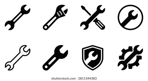 Premium modern wrench tool icon variations set featuring eight unique horizontal templates in a clean linear style. This professional bundle showcases geometric outline wrenches graphics, ideal for creative corporate branding projects, digital marketing campaigns, UI designs, and professional website templates. Isolated on white background vector.