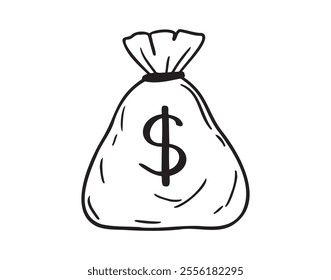 Premium money bag with dollars doodle hand drawn icon. Outline drawing money bag with dollars line clipart symbol. Vector illustration