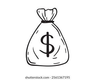 Premium money bag with dollars doodle hand drawn icon. Outline drawing money bag with dollars line clipart symbol. Vector illustration