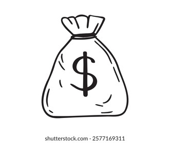Premium money bag with dollars doodle hand drawn icon. Outline drawing money bag with dollars line clipart symbol. Vector illustration
