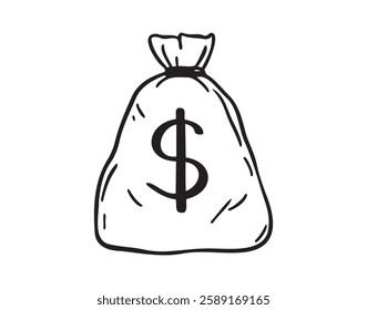 Premium money bag with dollars doodle hand drawn icon. Outline drawing money bag with dollars line clipart symbol. Vector illustration