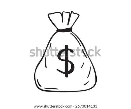 Premium money bag with dollars doodle hand drawn icon. Outline drawing money bag with dollars line clipart symbol. Vector illustration