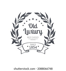 Premium monochrome emblem realistic composition with ornate text and laurel wreath isolated vector illustration