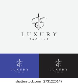 A premium monogram design featuring a graceful, handwritten cursive letter "E" pierced by a vertical sword, perfect for high-end gaming, jewelry, or security branding.