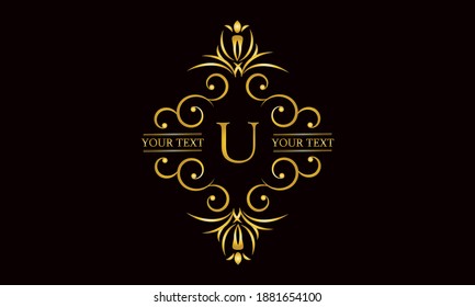 Diseño monograma premium con letra U. Exquisito logo dorado sobre un fondo oscuro para un símbolo de negocios, restaurante, boutique, hotel, joyería, invitaciones, menús, etiquetas, moda.
