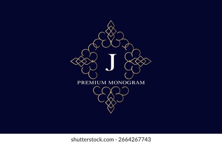 Premium-Monogramm mit dem Anfangsbuchstaben J in der Mitte und dem Leerzeichen für Text auf dunklem Hintergrund. Elegantes Design für Business, Firmenlogo, Restaurant, Heraldik, Hotel, Boutique.