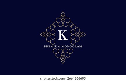 Premium-Monogramm mit anfänglichem K in der Mitte und Platz für Text auf dunklem Hintergrund. Elegantes Design für Business, Firmenlogo, Restaurant, Heraldik, Hotel, Boutique.
