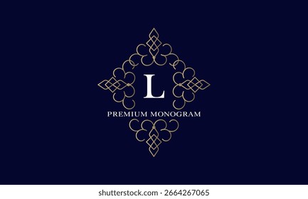 Premium-Monogramm mit anfänglichem L in der Mitte und Platz für Text auf dunklem Hintergrund. Elegantes Design für Business, Firmenlogo, Restaurant, Heraldik, Hotel, Boutique.