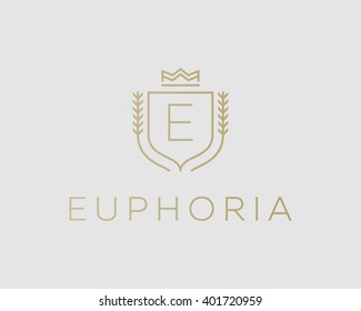 Premium  Monogram Letter E Initials Ornate Signature Logotype. Elegant Crest Logo Icon Vector Design. Luxury Shield Crown Sign. Concept For Print Or T-shirt Design.