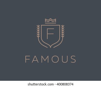 Premium  monogram letter F initials ornate signature logotype. Elegant crest logo icon vector design. Luxury shield crown sign. 