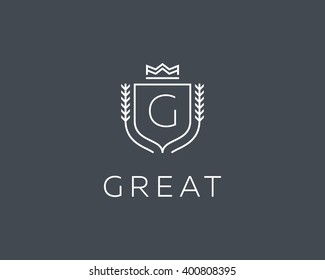 Premium  Monogram Letter G Initials Ornate Signature Logotype. Elegant Crest Logo Icon Vector Design. Luxury Shield Crown Sign. 