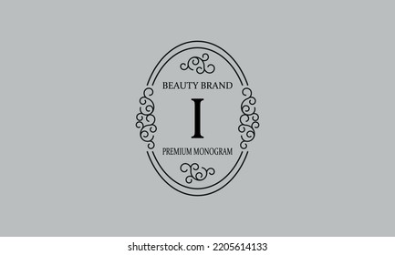 Premium monogram with the letter I. Frame with ornament. Luxury logo design with minimal modern font.