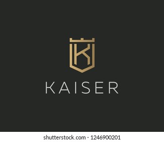 Premium monogram letter K initials logotype. Elegant shield crown vector logo.