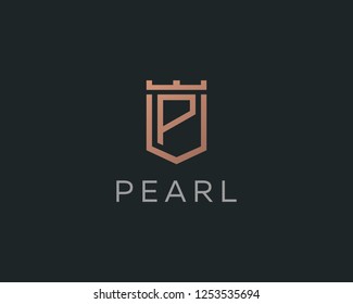 Premium monogram letter P initials logotype. Elegant shield crown vector logo.