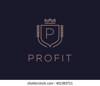 Premium  Monogram Letter P Initials Ornate Signature Logotype. Elegant Crest Logo Icon Vector Design. Luxury Shield Crown Sign. Concept For Print Or T-shirt Design.