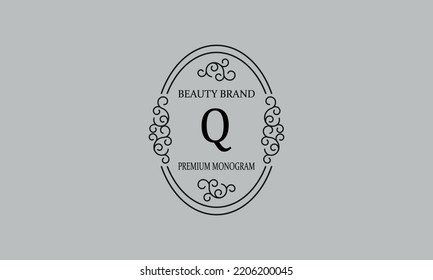 Monograma premium con la letra Q. Marco con adorno. Diseño de logotipo de lujo con un tipo de letra minimalista moderno.