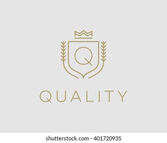 Premium  monogram letter Q initials ornate signature logotype. Elegant crest logo icon vector design. Luxury shield crown sign. Concept for print or t-shirt design.