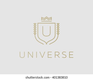 Premium  monogram letter U initials ornate signature logotype. Elegant crest logo icon vector design. Luxury shield crown sign. Concept for print or t-shirt design.