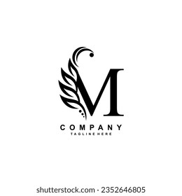 Premium monogram M initial letter logo design with luxury floral and leaf abc type logo. M icon, modern vintage nature illustration. suitable for logos of beauty, business, company, brand, boutique 