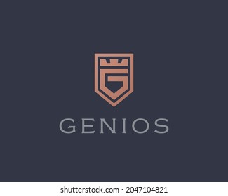 Premium monogram shield letter G initials logo. Universal symbol icon design. Luxury abc shield logotype.
