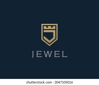 Premium monogram shield letter J initials logo. Elegant shield crown vector logo.