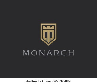 Premium monogram shield letter M initials logo. Elegant shield crown vector logo.