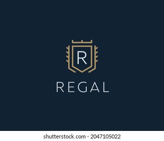 Premium monogram shield letter R initials logo. Universal symbol icon design. Luxury abc shield logotype.