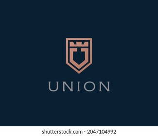 Premium monogram shield letter U initials logo. Elegant shield crown vector logo.