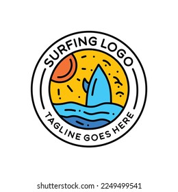 Premium Monoline Beach Surfing Logo Design Emblem Vector illustration Summer Ocean badge symbol icon